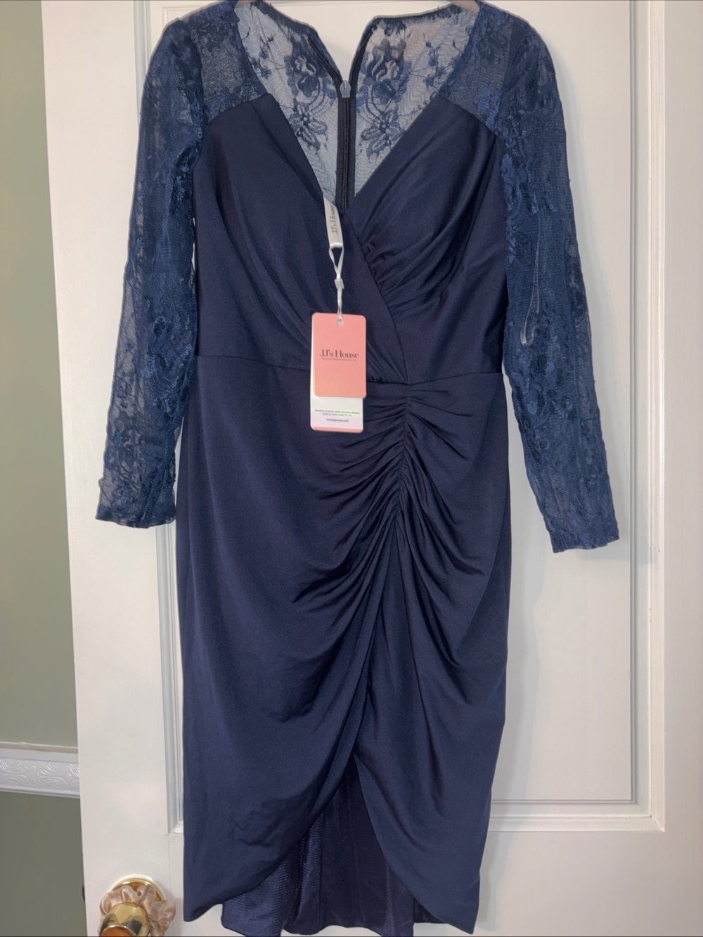 JJs House Navy Lace-Detail Ruched Midi Dress
